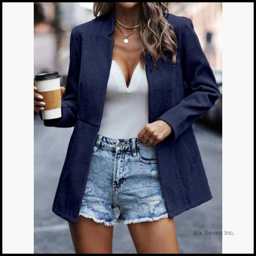 Polyester Cation Open Front Herringbone Blazer Bu… - image 3